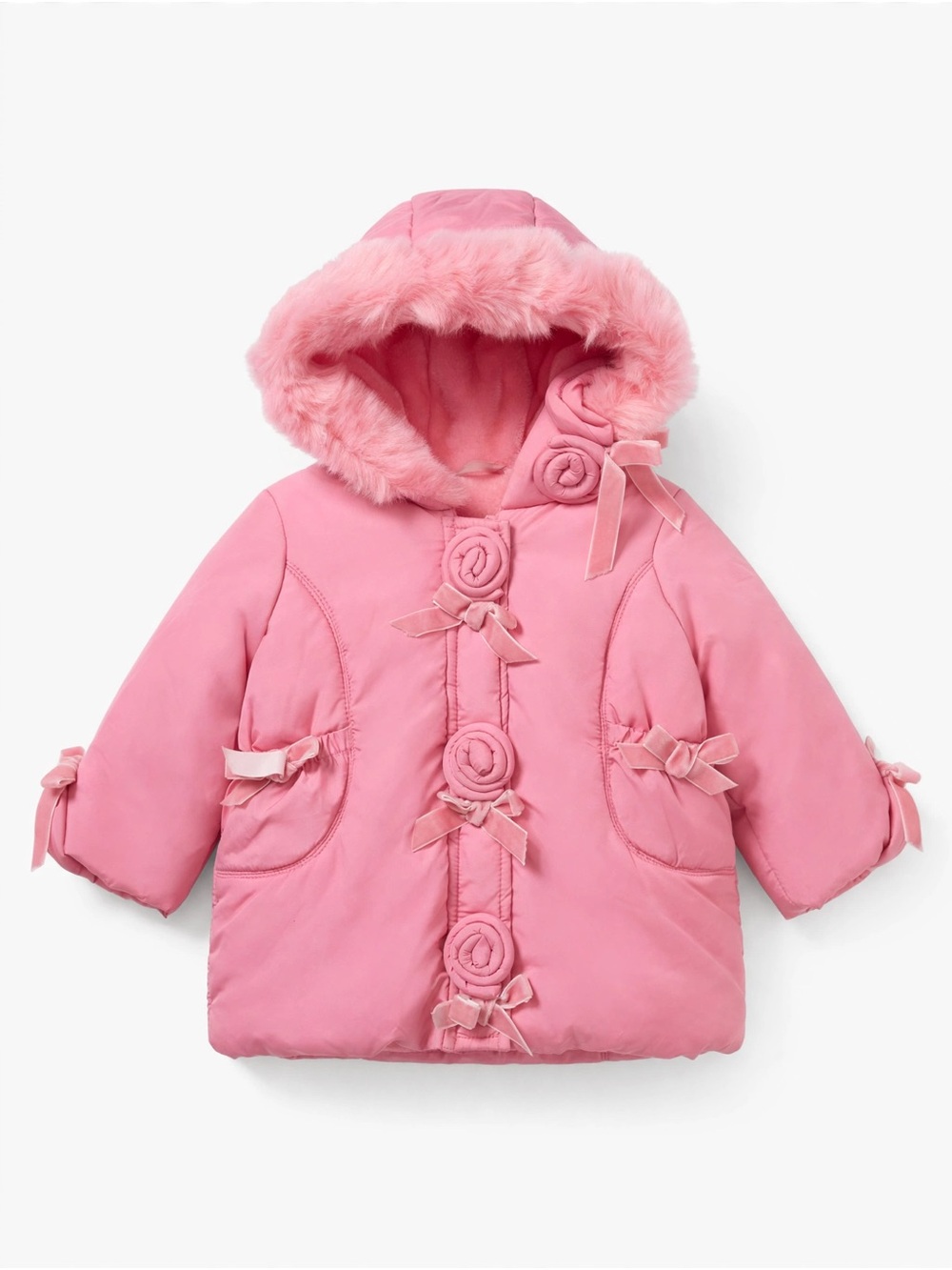 NWT Kate Mack Biscotti Pink Puffer Jacket 3M 584MHL Baby Girl Flower Rosette Bow